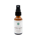 Bottle of all-natural toilet spray with a label on a white background. Spearmint/Tangerine scented