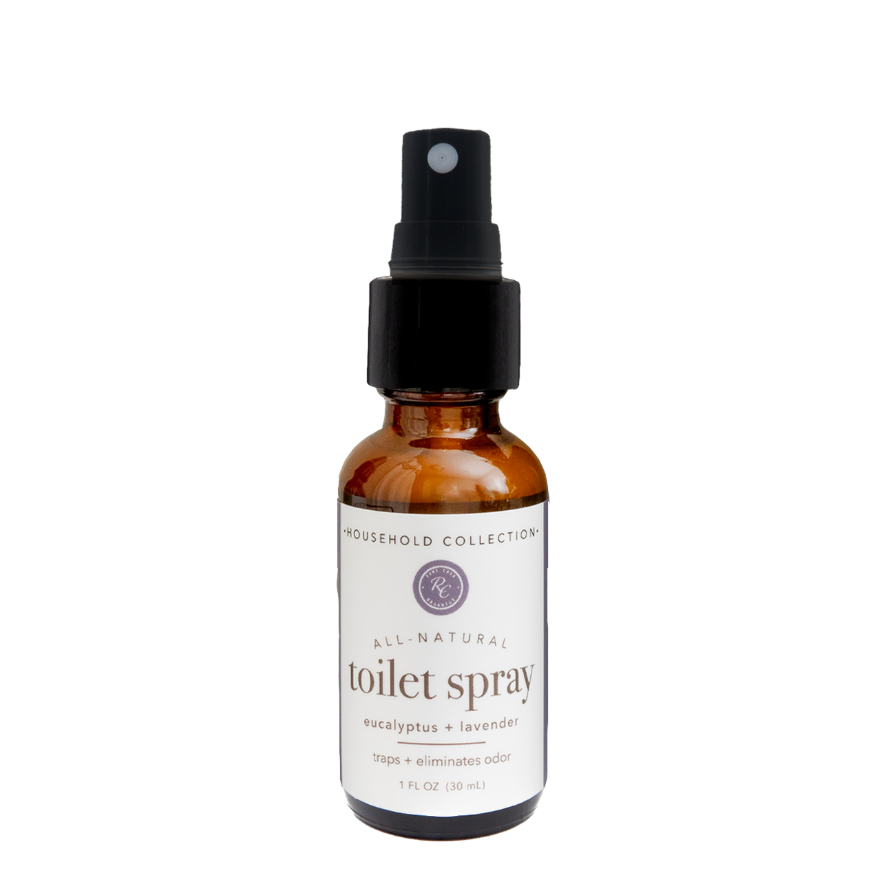 Bottle of all-natural toilet spray with a label on a white background. Eucalyptus/lavender scented