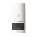 All natural deodorant stick with cedarwood and patchouli scent on a white background