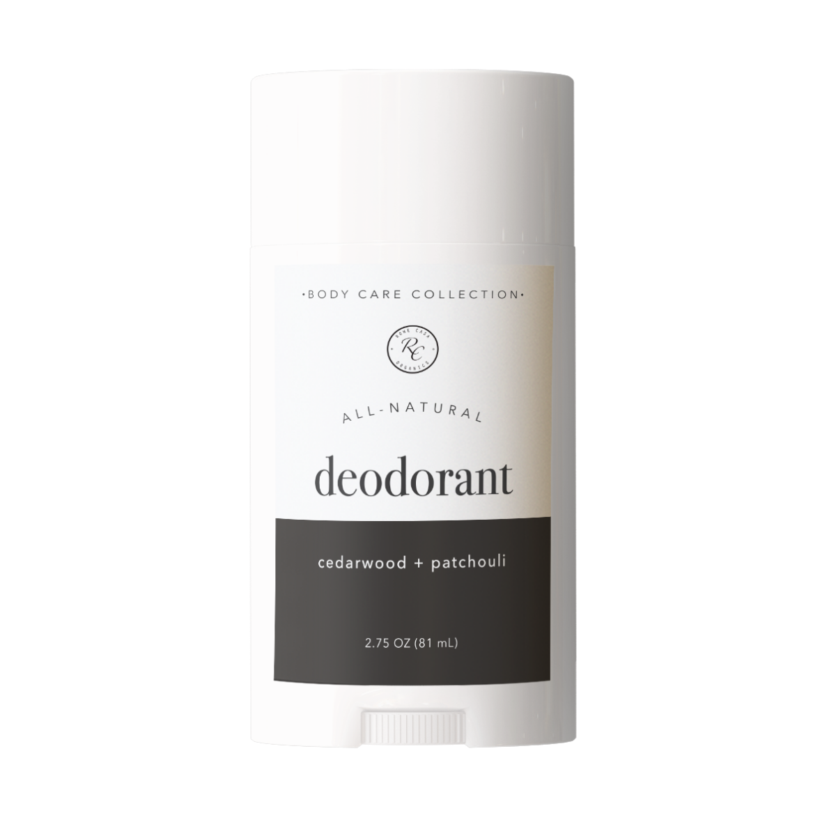 All natural deodorant stick with cedarwood and patchouli scent on a white background