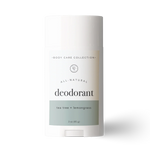 All-natural deodorant stick with tea tree and lemongrass scent on a white background