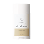 All-natural deodorant stick with vanilla and mint scent on a white background